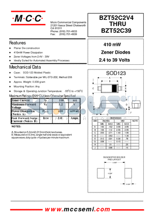 BZT52C9V1 datasheet - 410 mW Zener Diodes 2.4 to 39 Volts