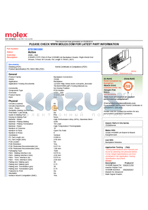 75196-1004 datasheet - 2.00mm (.079) Pitch 6-Row VHDM^ Lite Backplane Header, Right Shield End Version, 6 Row, 60 Circuits, Pin Length 5.15mm (.203)