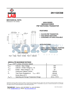 2N1132CSM datasheet - HIGH SPEED MEDIUM POWER