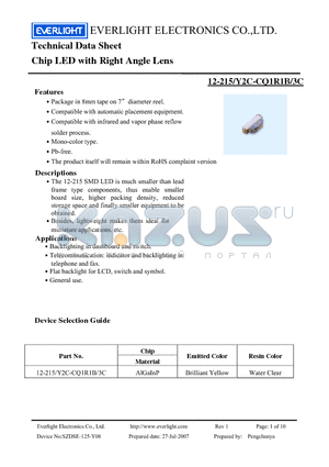 12-215-Y2C-CQ1R1B-3C datasheet - Chip LED with Right Angle Lens