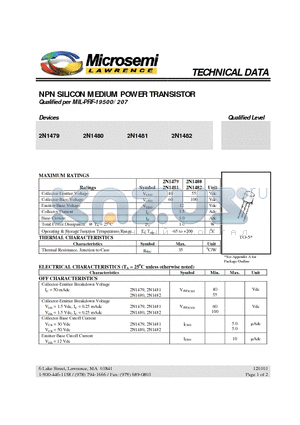 2N1480 datasheet - NPN SILICON MEDIUM POWER TRANSISTOR