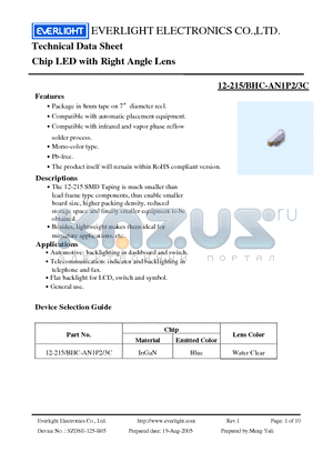 12-215/BHC-AN1P2/3C datasheet - Technical Data Sheet Chip LED with Right Angle Lens