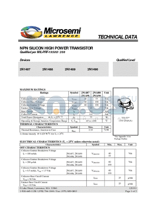 2N1487 datasheet - NPN SILICON HIGH POWER TRANSISTOR