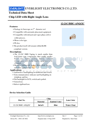 12-21C-BHC-ANQ-2C datasheet - Technical Data Sheet Chip LED with Right Angle Lens