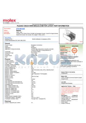 75199-1004 datasheet - 2.00mm (.079) Pitch 8-Row VHDM^ Lite Backplane Header, Guide Pin Signal Module, Shield End Version, 80 Circuits, Pin Length 5.15mm (.203)