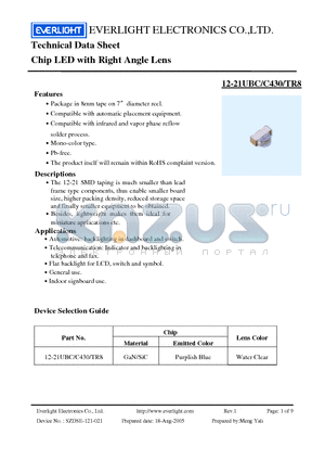 12-21UBC-C430-TR8 datasheet - Chip LED with Right Angle Lens