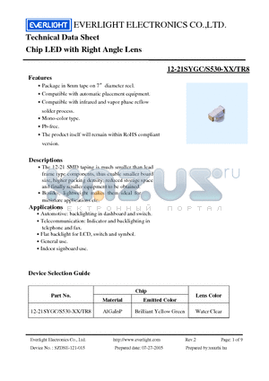 12-21SYGC/S530-E2/TR8 datasheet - Chip LED with Right Angle Lens