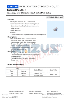 12-22-R6GHC-A30-2C datasheet - Right Angle Lens Chip LED with Bi-Color(Multi-Color)