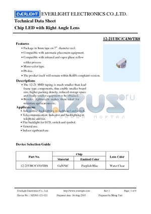 12-21UBC/C430/TR8 datasheet - Chip LED with Right Angle Lens