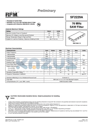 12-34-5678 datasheet - 70 MHz SAW Filter