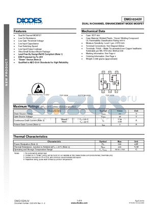 DMG1024UV datasheet - DUAL N-CHANNEL ENHANCEMENT MODE MOSFET