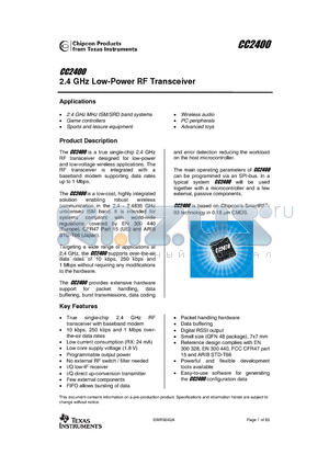 CC2400DBK datasheet - 2.4 GHz Low-Power RF Transceiver