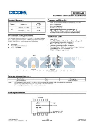 DMG4406LSS datasheet - This MOSFET has been designed to minimize the on-state resistance (RDS(on)) and yet maintain superior switching performance, making it ideal for high efficiency power management applications.