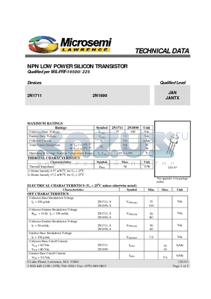 2N1711 datasheet - NPN LOW POWER SILICON TRANSISTOR