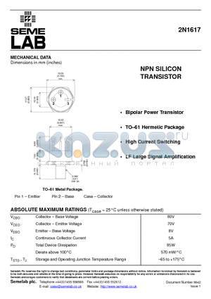 2N1617 datasheet - NPN SILICON TRANSISTOR