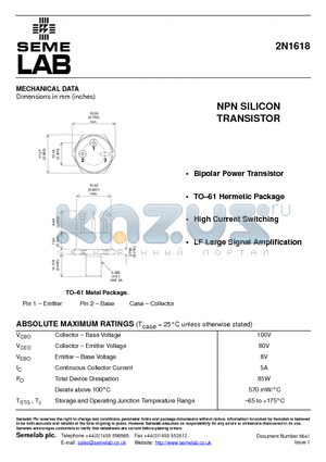 2N1618 datasheet - NPN SILICON TRANSISTOR