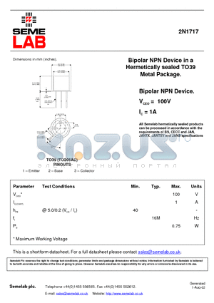 2N1717 datasheet - Bipolar NPN Device in a Hermetically sealed TO39