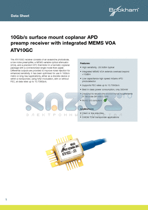 ATV10GC datasheet - 10Gb/s surface mount coplanar APD preamp receiver with integrated MEMS VOA