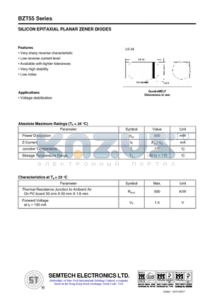 BZT55B15 datasheet - SILICON EPITAXIAL PLANAR ZENER DIODES