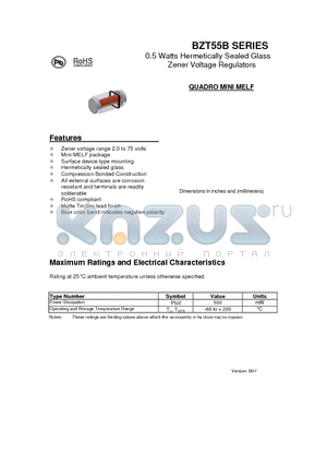 BZT55B24 datasheet - 0.5 Watts Hermetically Sealed Glass Zener Voltage Regulators