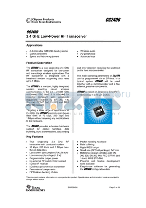 CC2400-STB1 datasheet - 2.4 GHz Low-Power RF Transceiver