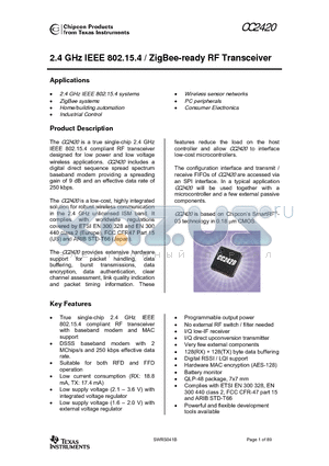 CC2420-RTR1 datasheet - 2.4 GHz IEEE 802.15.4 / ZigBee-ready RF Transceiver