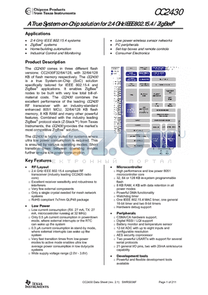 CC2430 datasheet - A True System-on-Chip solution for 2.4 GHz IEEE 802.15.4 / ZigBee