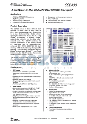 CC2430F64RTC datasheet - A True System-on-Chip solution for 2.4 GHz IEEE 802.15.4 / ZigBee