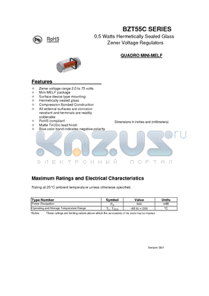 BZT55C12 datasheet - 0.5 Watts Hermetically Sealed Glass Zener Voltage Regulators