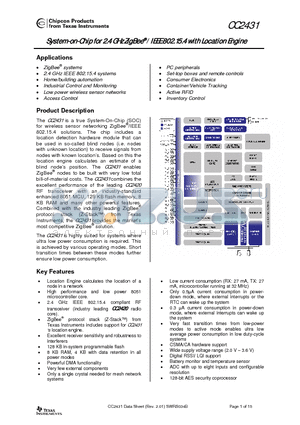 CC2431 datasheet - System-on-Chip for 2.4 GHz ZigBee/ IEEE 802.15.4 with Location Engine