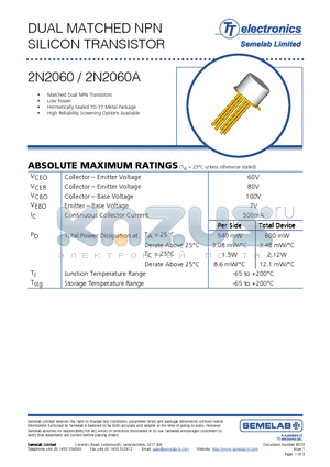 2N2060A datasheet - DUAL MATCHED NPN SILICON TRANSISTOR