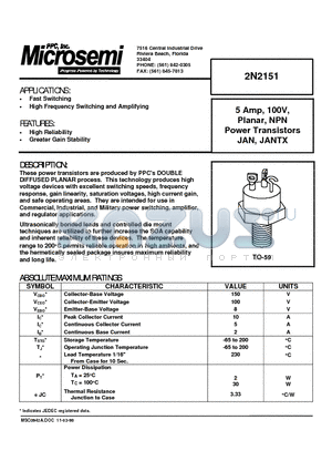 2N2151 datasheet - 5 Amp, 100V, Planar, NPN Power Transistors JAN, JANTX