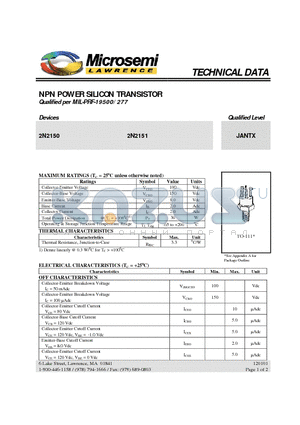 2N2151 datasheet - NPN POWER SILICON TRANSISTOR