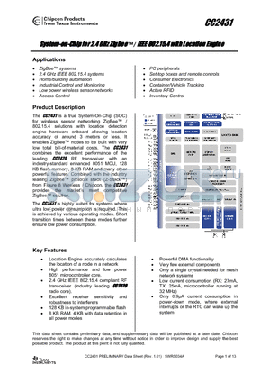 CC2431ZDKPRO datasheet - System-on-Chip for 2.4 GHz ZigBee/ IEEE 802.15.4 with Location Engine