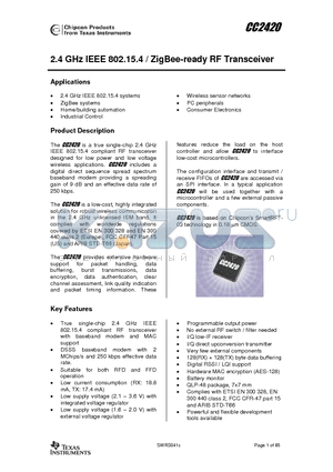 CC2420RTCR datasheet - 2.4 GHz IEEE 802.15.4 / ZigBee-ready RF Transceiver