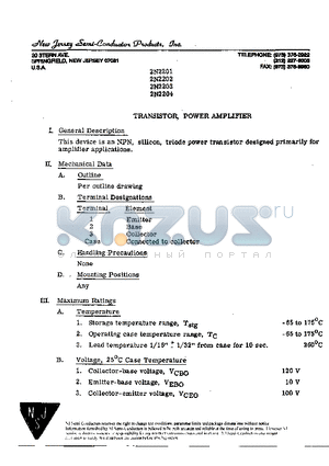 2N2201 datasheet - 20 STERN AVE SPRINGFIELD,NEW JERSEY 07081 U.S.A