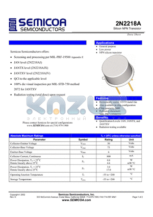 2N2218A datasheet - Silicon NPN Transistor