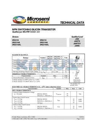 2N2218A datasheet - NPN SWITCHING SILICON TRANSISTOR