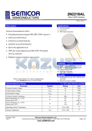 2N2218AL datasheet - Silicon NPN Transistor