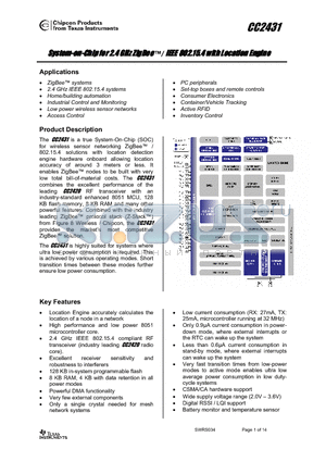 CC2431-RTR1 datasheet - System-on-Chip for 2.4 GHz ZigBee-TM / IEEE 802.15.4 with Location Engine