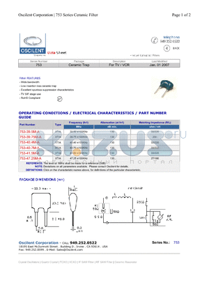 753-40.7M-A datasheet - Ceramic Trap For TV/VCR