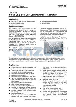 CC2500-CC2550DK datasheet - Single Chip Low Cost Low Power RF Transmitter