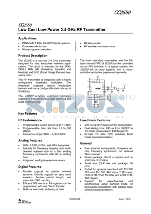 CC2500-CC2550DK datasheet - Low-Cost Low-Power 2.4 GHz RF Transmitter