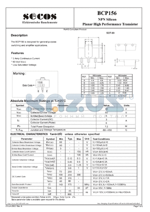 BCP156 datasheet - Planar High Performance Transistor