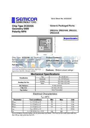 2N2222 datasheet - Chip Type 2C2222A Geometry 0400 Polarity NPN