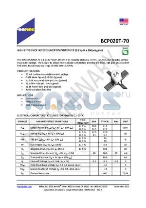 BCP020T-70 datasheet - HIGH EFFICIENCY HETEROJUNCTION POWER FET (0.25lm x 200lm gate)