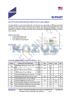 BCP030T datasheet - HIGH EFFICIENCY HETEROJUNCTION POWER FET CHIP