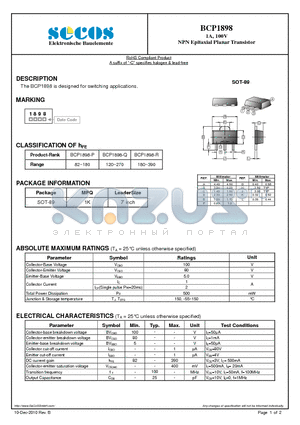 BCP1898 datasheet - NPN Epitaxial Planar Transistor