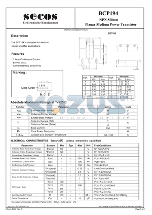 BCP194 datasheet - Planar Medium Power Transistor