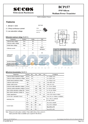 BCP157 datasheet - Medium Power Transistor